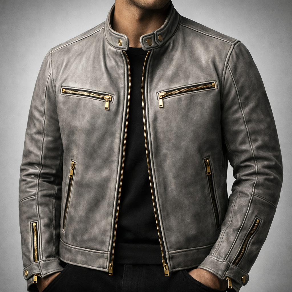 Lennox - Men's Vintage Leather Moto Jacket with Gold Hardware