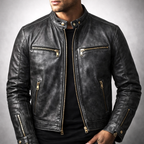 Lennox - Men's Vintage Leather Moto Jacket with Gold Hardware