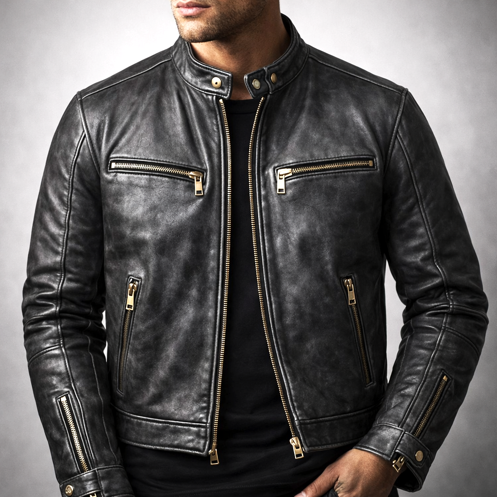 Lennox - Men's Vintage Leather Moto Jacket with Gold Hardware