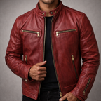 Lennox - Men's Vintage Leather Moto Jacket with Gold Hardware