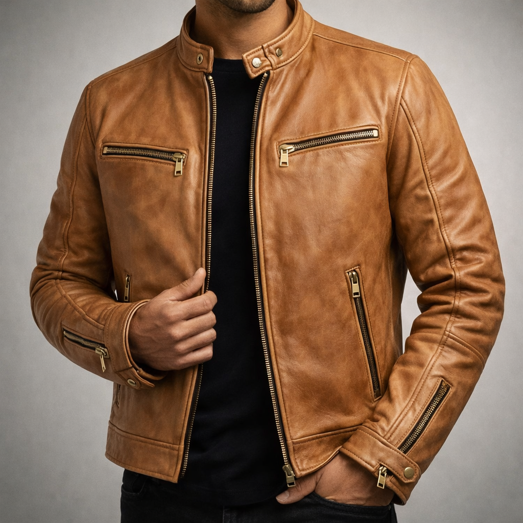 Lennox - Men's Vintage Leather Moto Jacket with Gold Hardware