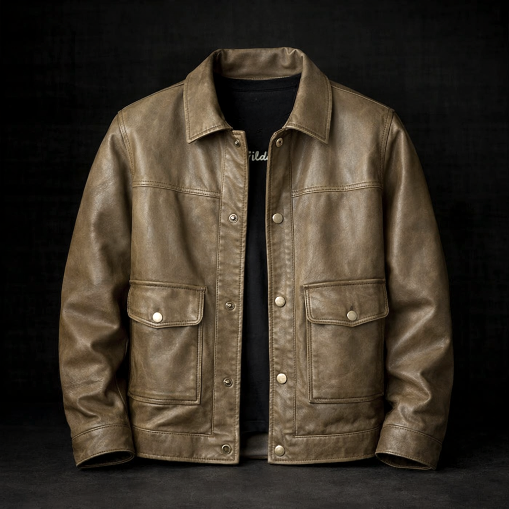 Leroy - Men's Vintage Leather Jacket with Snap Closure