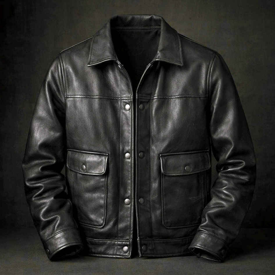 Leroy - Men's Vintage Leather Jacket with Snap Closure