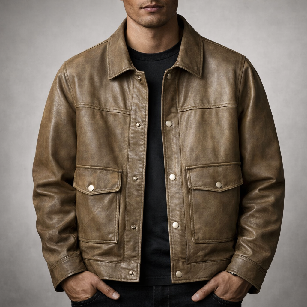 Leroy - Men's Vintage Leather Jacket with Snap Closure