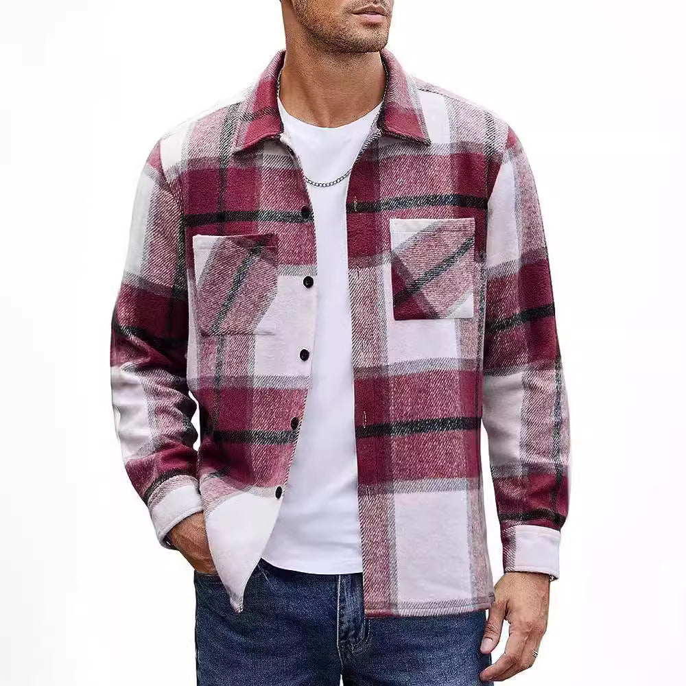 Marcus - Men's Plaid Lapel Shirt Jacket with Button Closure