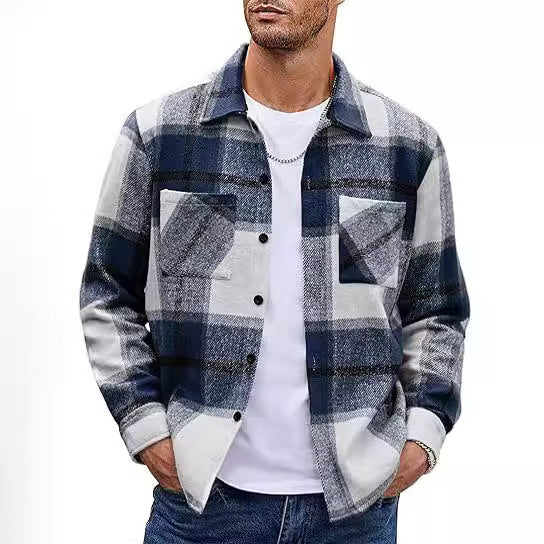 Marcus - Men's Plaid Lapel Shirt Jacket with Button Closure