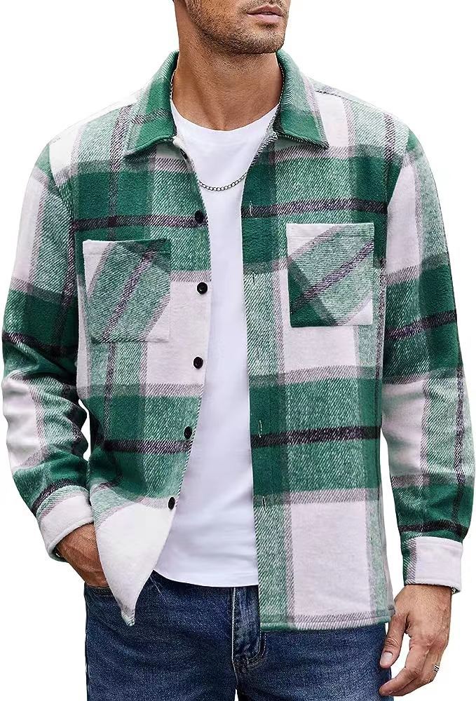 Marcus - Men's Plaid Lapel Shirt Jacket with Button Closure