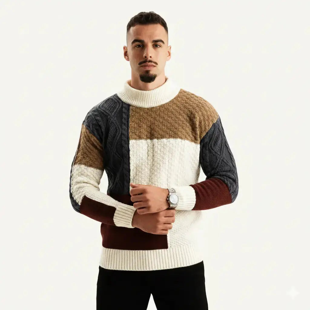 Mattheo - Men's Multi-Texture Crewneck Sweater with Patchwork Blocking
