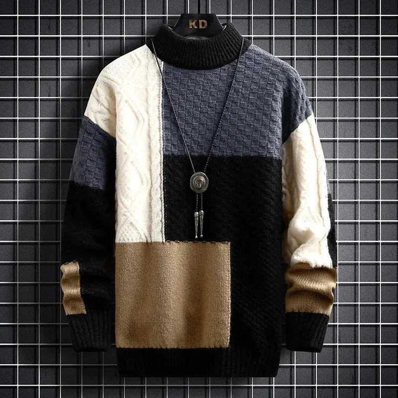 Mattheo - Men's Multi-Texture Crewneck Sweater with Patchwork Blocking