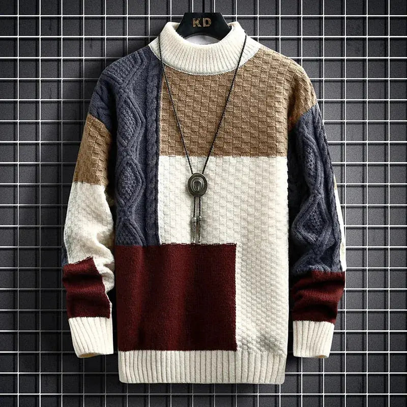 Mattheo - Men's Multi-Texture Crewneck Sweater with Patchwork Blocking