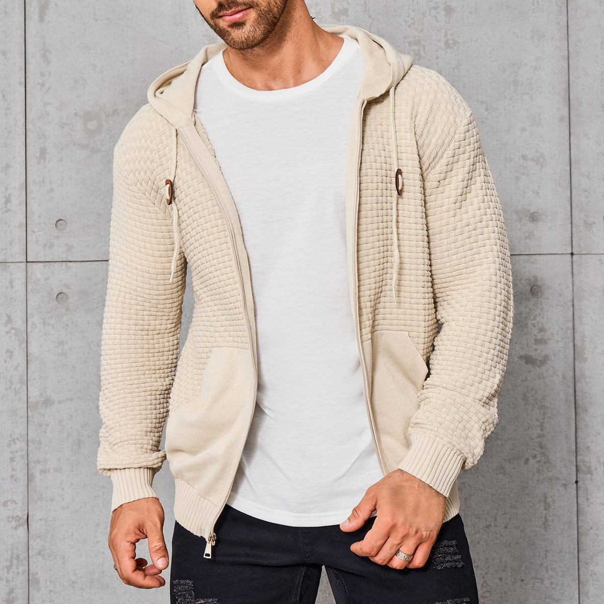 Matthias - Men's Textured Zip Hoodie with Kangaroo Pocket
