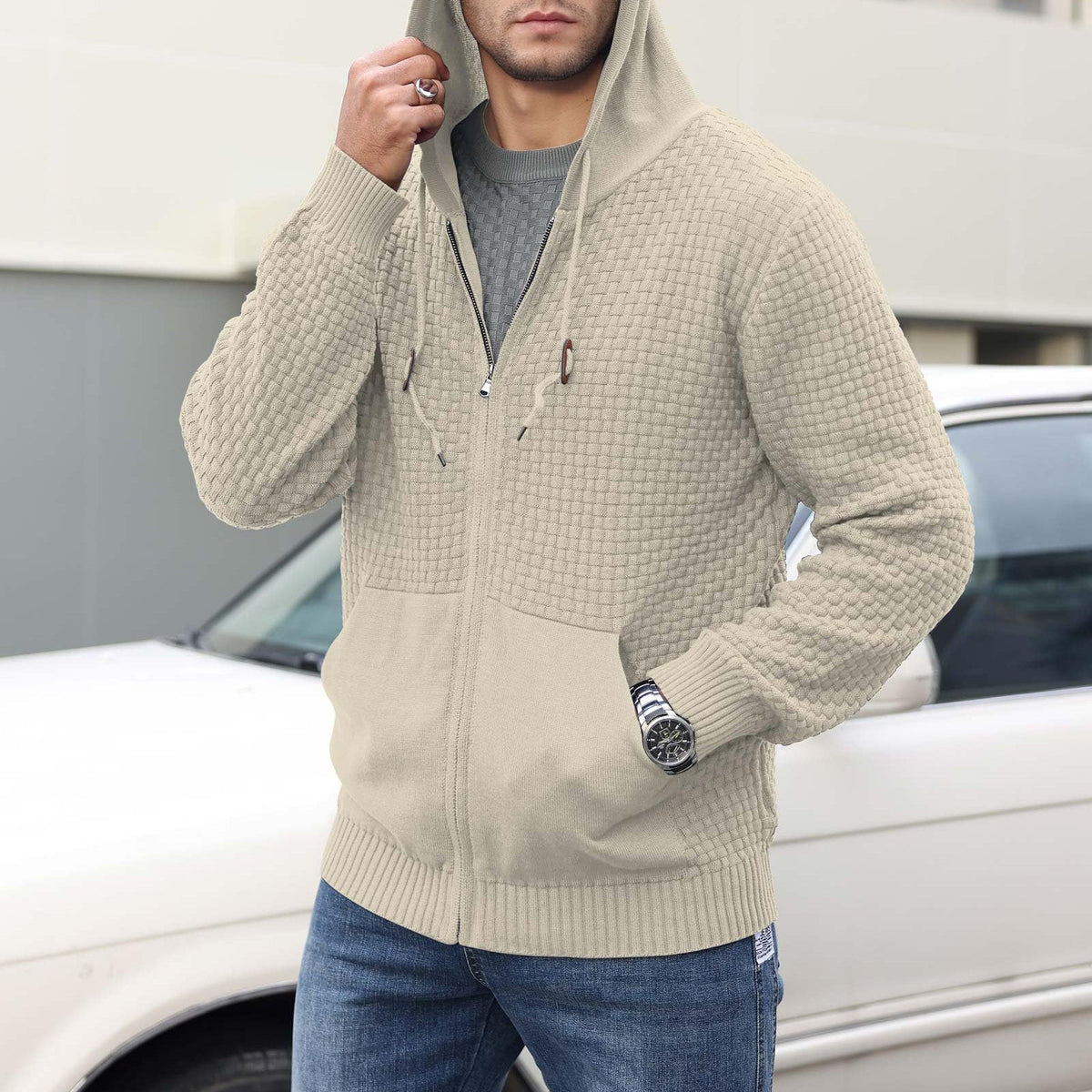 Matthias - Men's Textured Zip Hoodie with Kangaroo Pocket