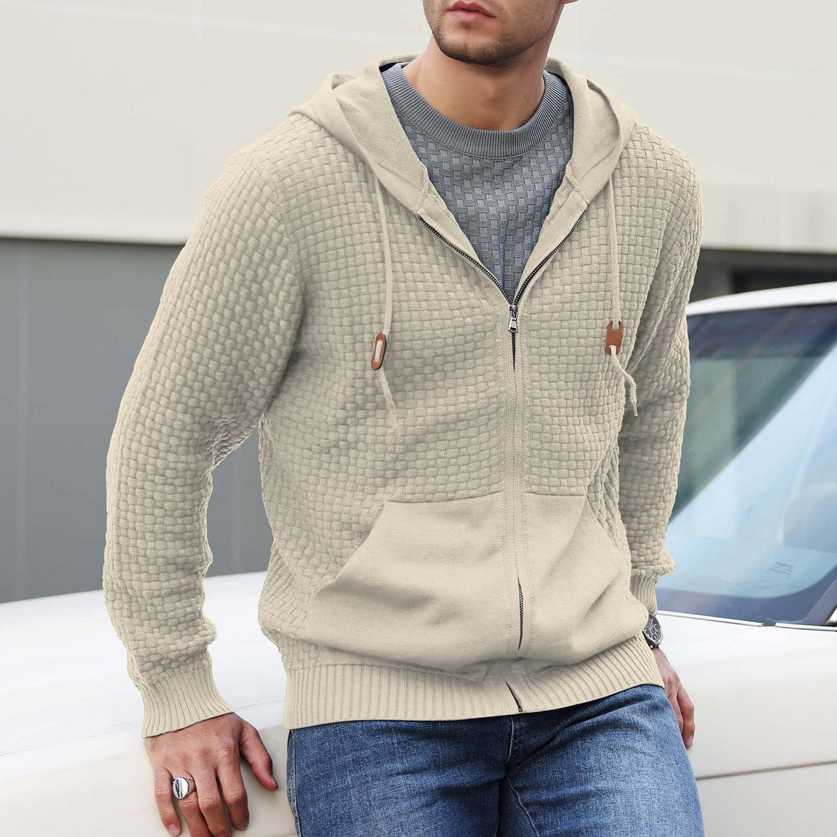 Matthias - Men's Textured Zip Hoodie with Kangaroo Pocket