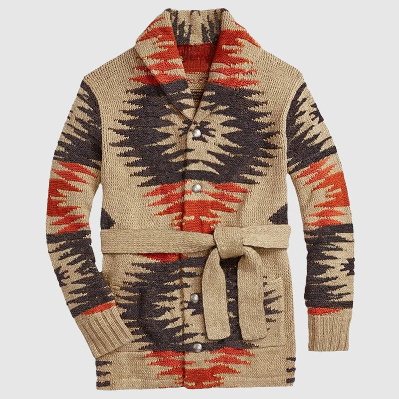 Owen - Men's Shawl-Collar Cardigan with Geometric Aztec Motif