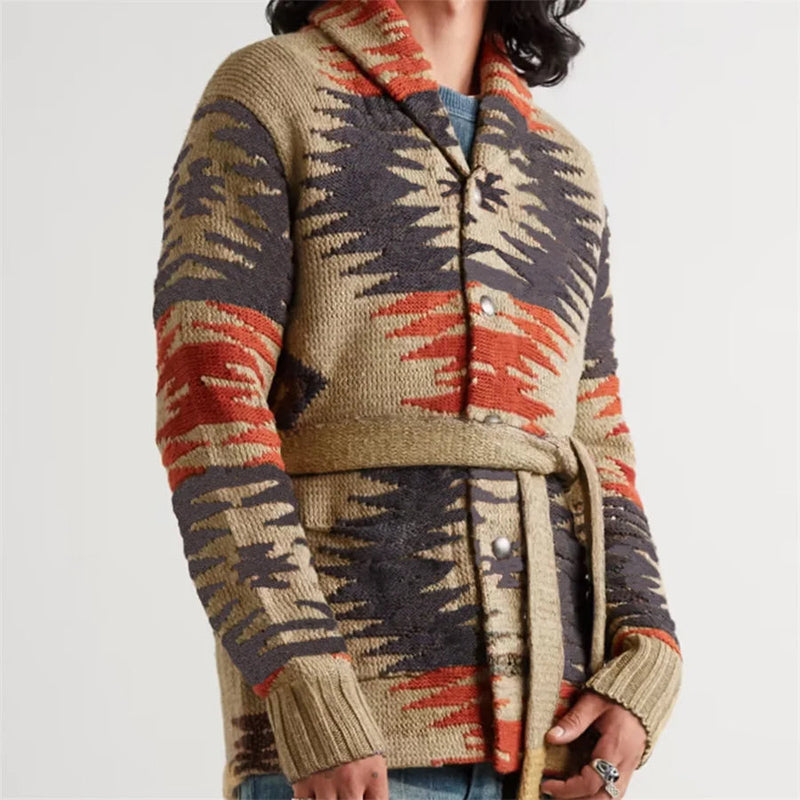Owen - Men's Shawl-Collar Cardigan with Geometric Aztec Motif