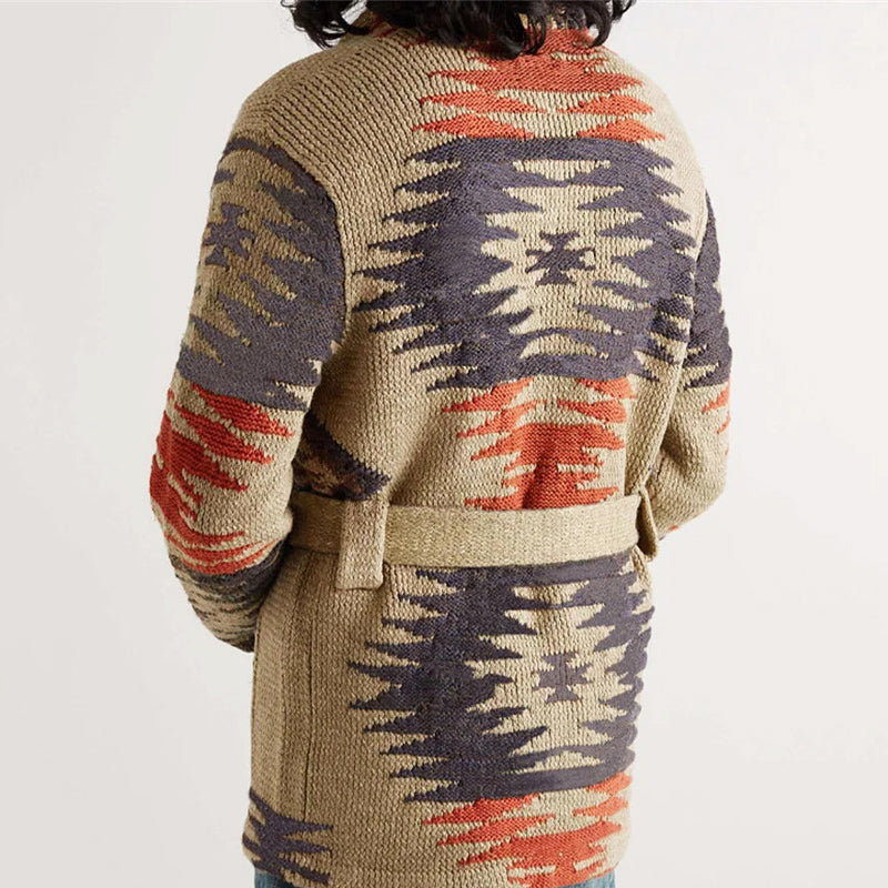 Owen - Men's Shawl-Collar Cardigan with Geometric Aztec Motif