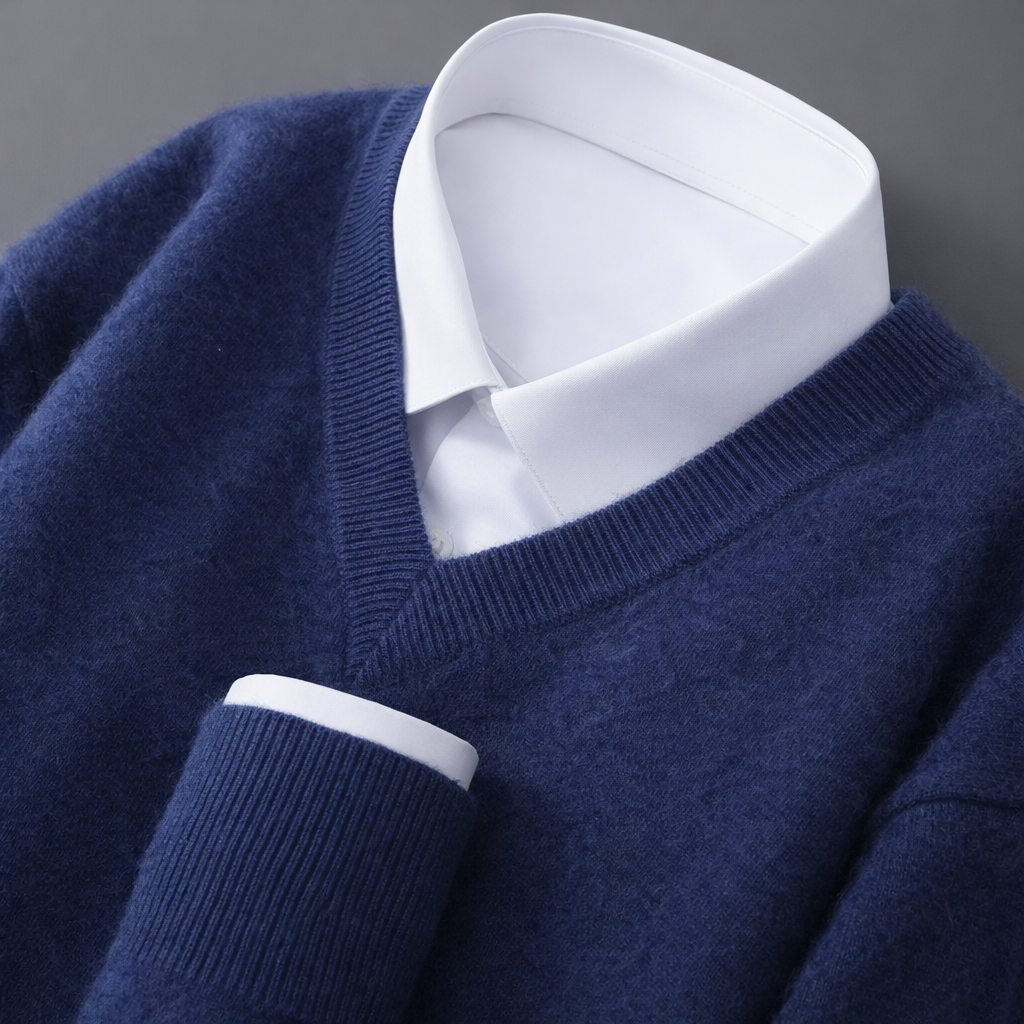Quinlan - Men's V-Neck Wool-Blend Sweater with Ribbed Trim