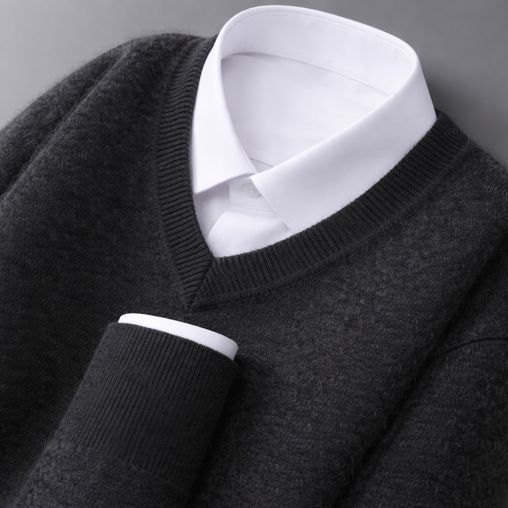 Quinlan - Men's V-Neck Wool-Blend Sweater with Ribbed Trim