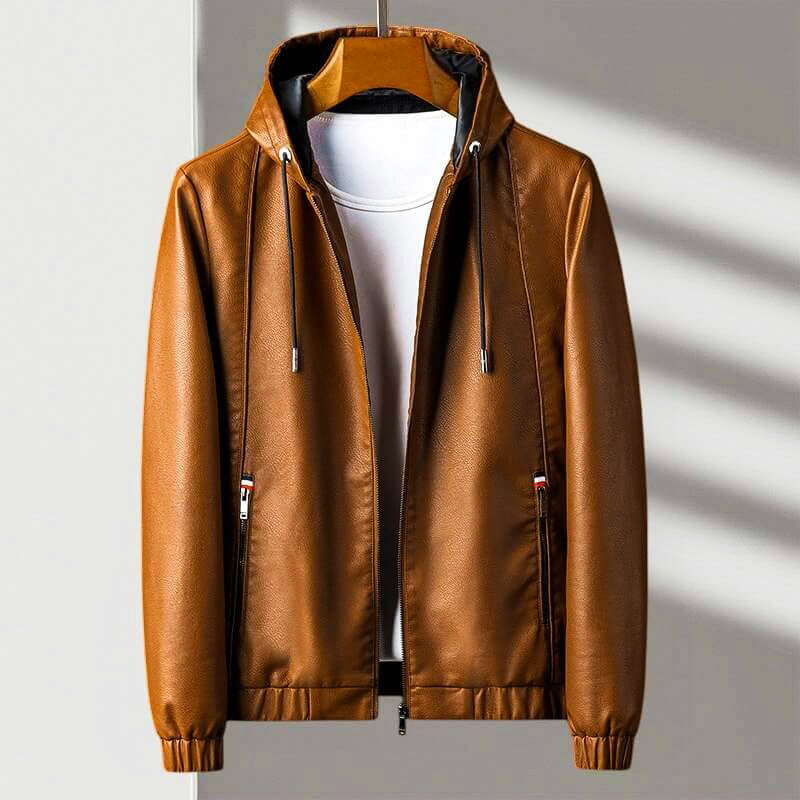 Rafael - Men's Zip Hooded Leather Jacket with Tapered Ribbed Cuffs