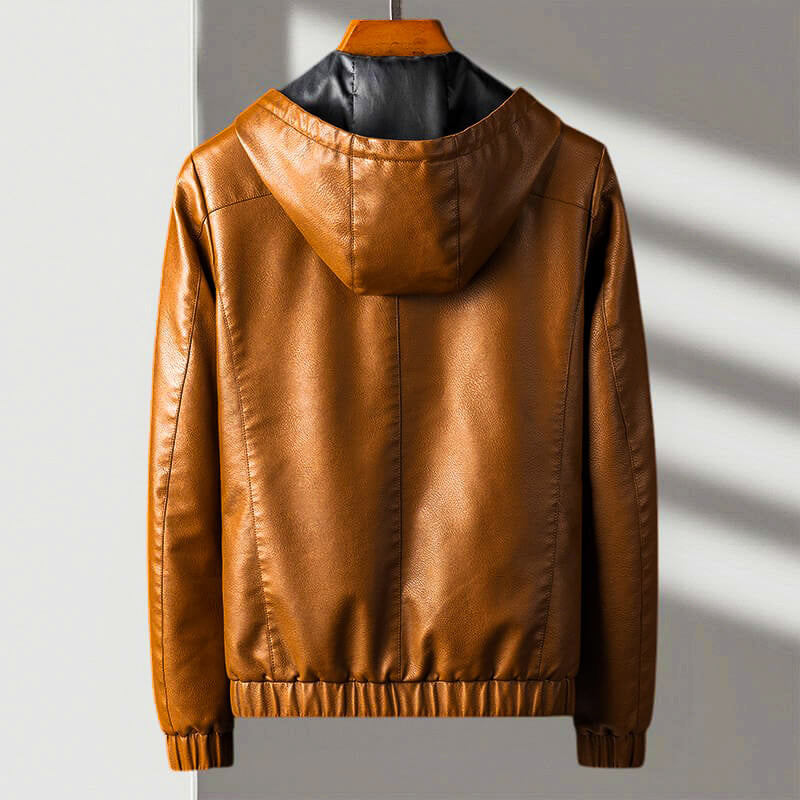 Rafael - Men's Zip Hooded Leather Jacket with Tapered Ribbed Cuffs