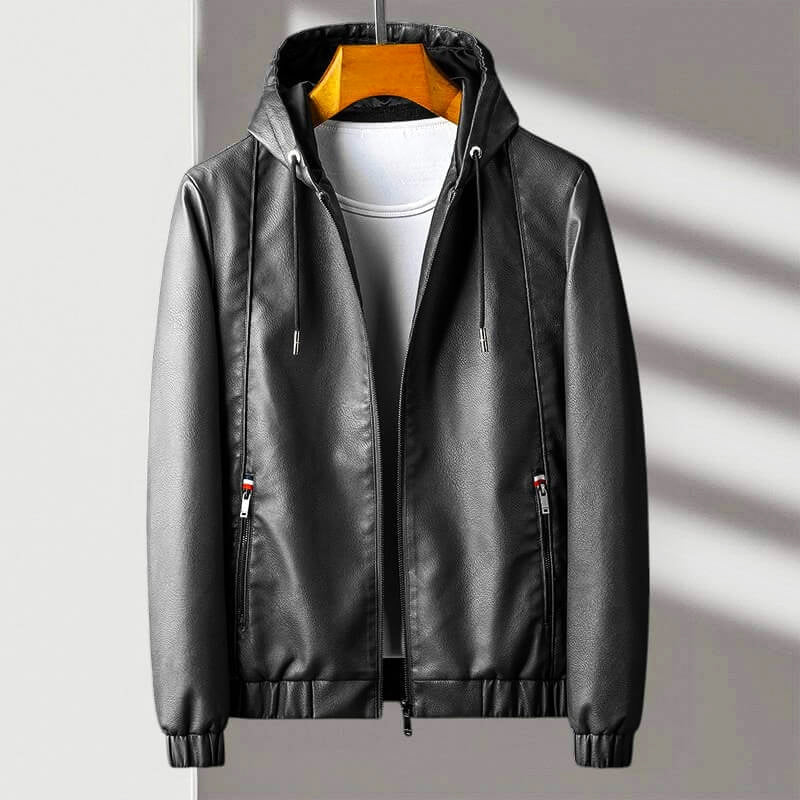 Rafael - Men's Zip Hooded Leather Jacket with Tapered Ribbed Cuffs