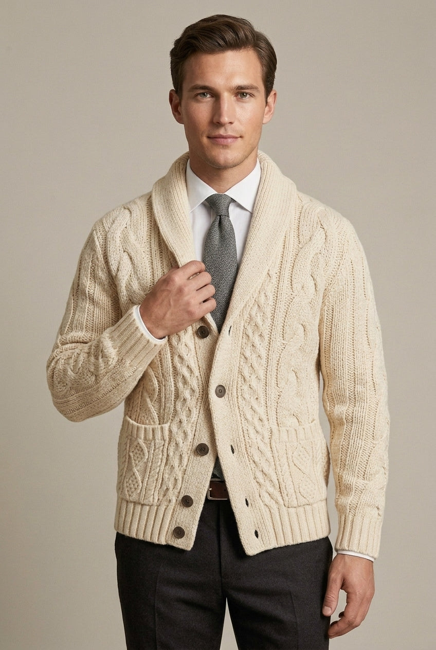 Remi - Men's Cable Knit Cardigan with Shawl Collar