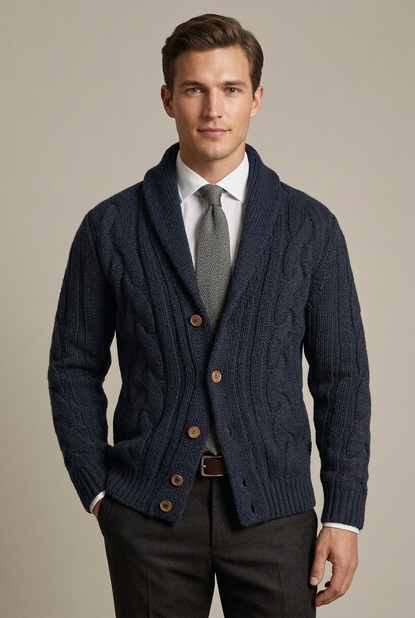 Remi - Men's Cable Knit Cardigan with Shawl Collar