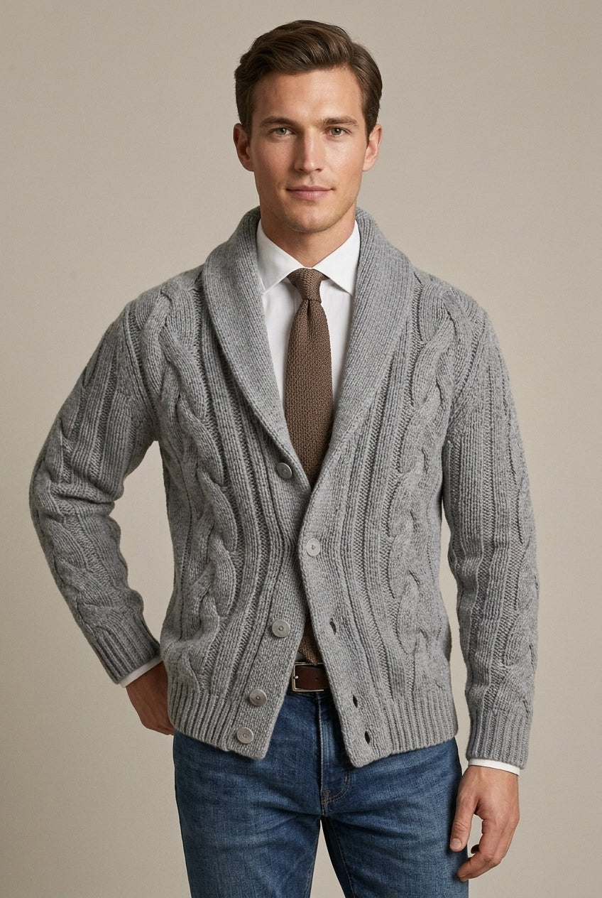 Remi - Men's Cable Knit Cardigan with Shawl Collar