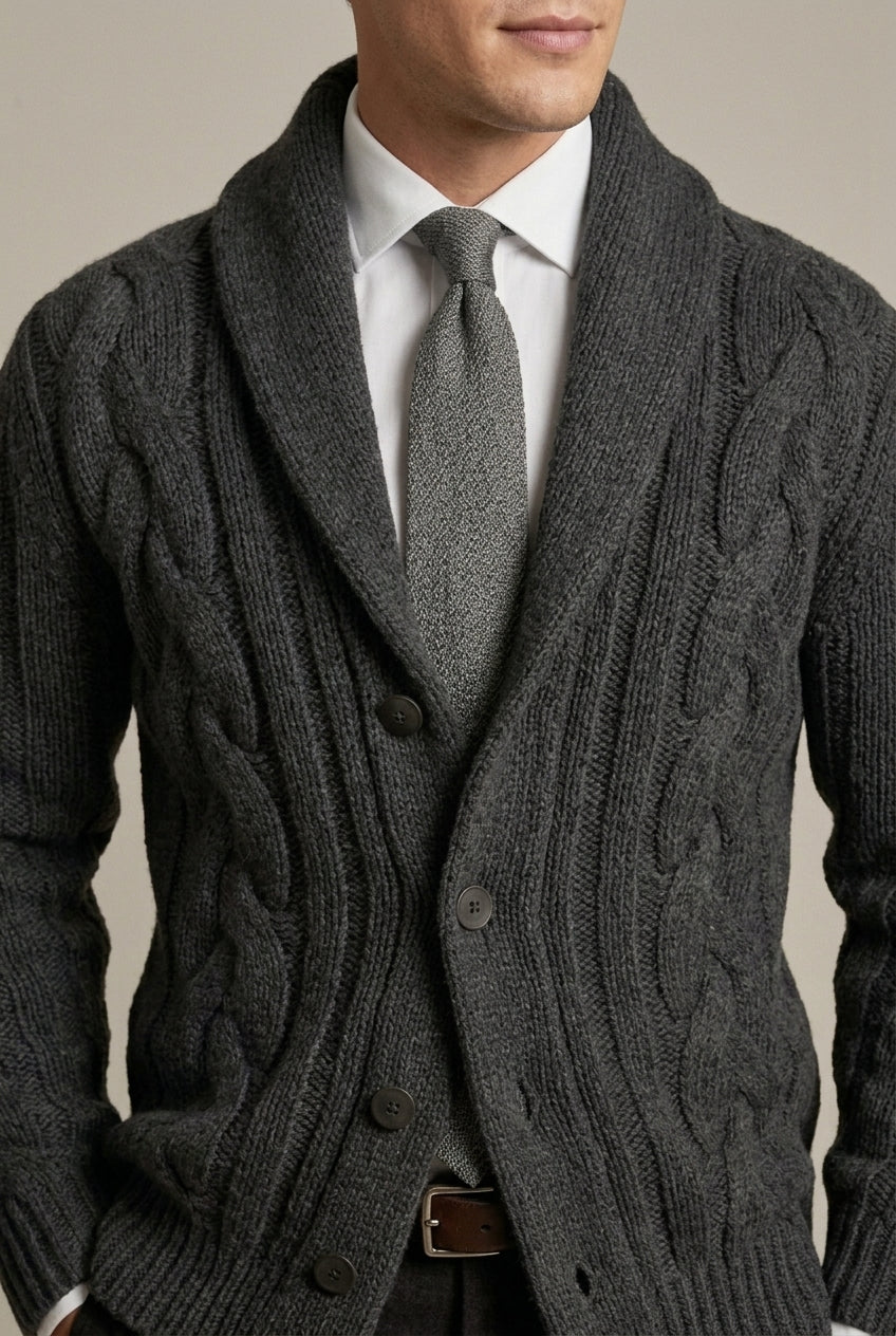 Remi - Men's Cable Knit Cardigan with Shawl Collar