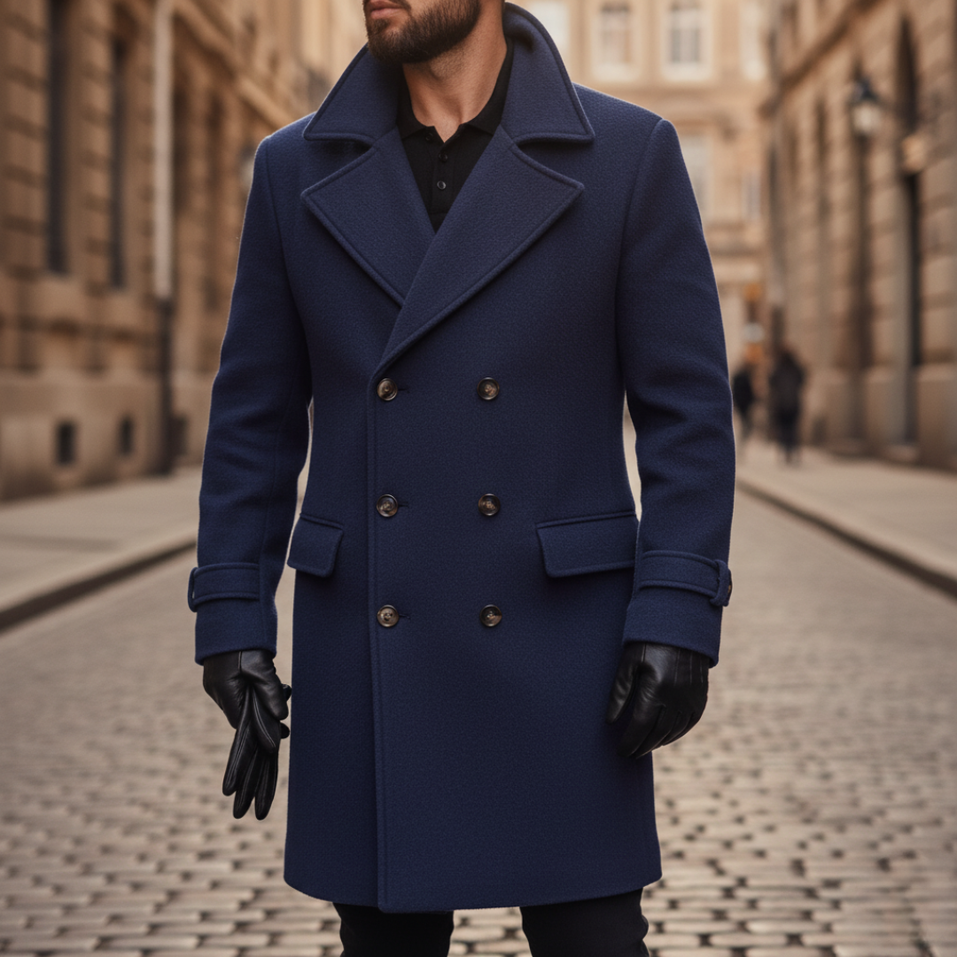 William - Men's Double-Breasted Wool Coat with Notch Lapels and Cuff Tabs