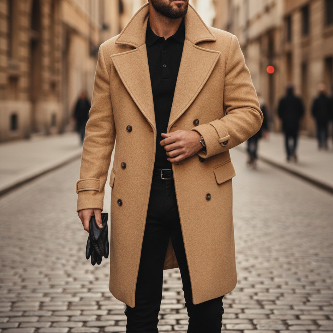 William - Men's Double-Breasted Wool Coat with Notch Lapels and Cuff Tabs
