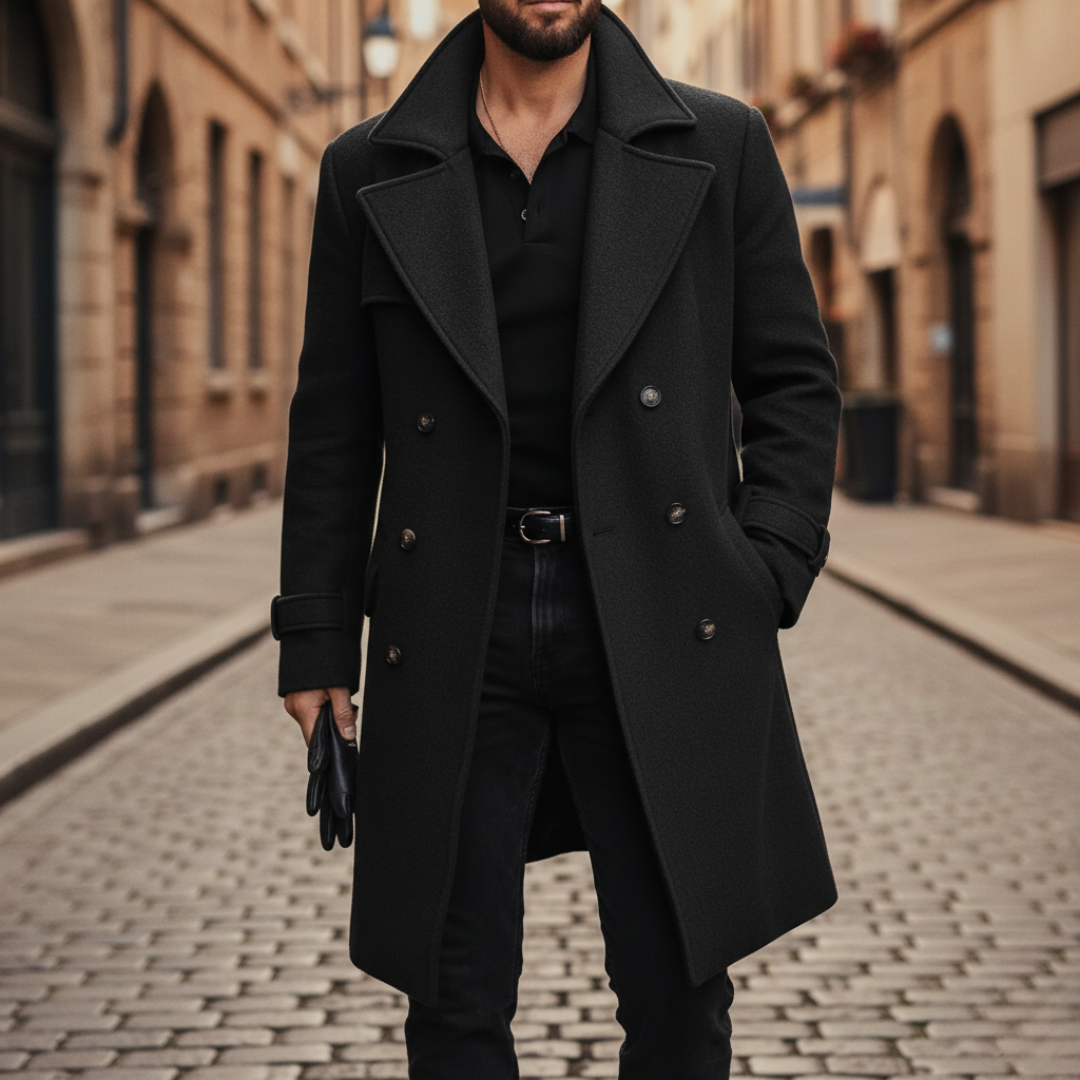 William - Men's Double-Breasted Wool Coat with Notch Lapels and Cuff Tabs