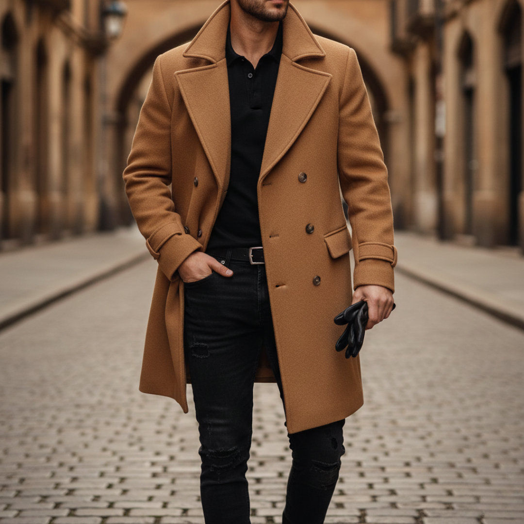 William - Men's Double-Breasted Wool Coat with Notch Lapels and Cuff Tabs