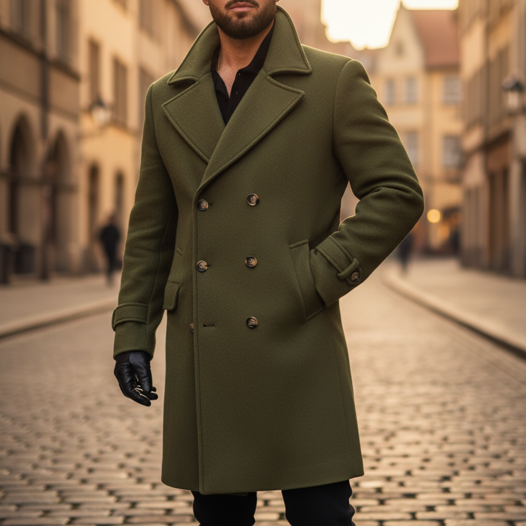 William - Men's Double-Breasted Wool Coat with Notch Lapels and Cuff Tabs